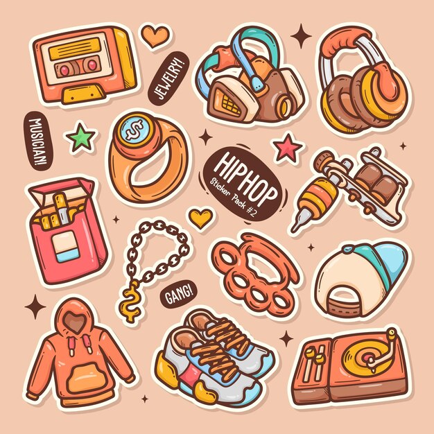 Colección de pegatinas Hiphop Cute Doodle Vector