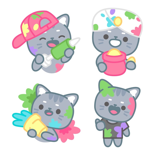 Vector gratuito colección de pegatinas de holi con el gato tomomi.