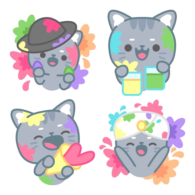 Vector gratuito colección de pegatinas de holi con el gato tomomi.