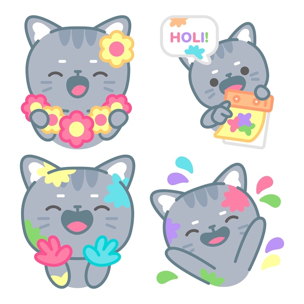 Vector gratuito colección de pegatinas de holi con el gato tomomi.