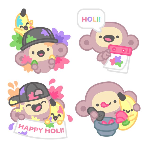 Colección de pegatinas Holi con mono y plátano