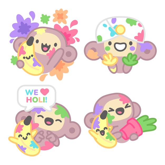 Colección de pegatinas Holi con mono y plátano