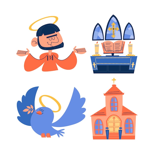 Colección de pegatinas de iglesia de dibujos animados retro