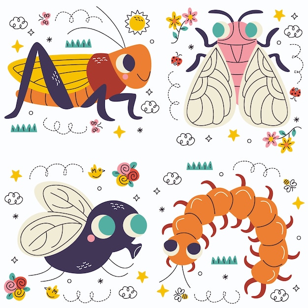 Colección de pegatinas de insectos y insectos de Doodle.