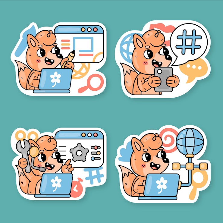 Vector gratuito colección de pegatinas de internet con fred el zorro