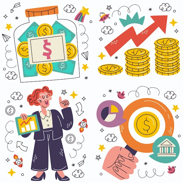 Vector gratuito colección de pegatinas de inversión y finanzas de doodle