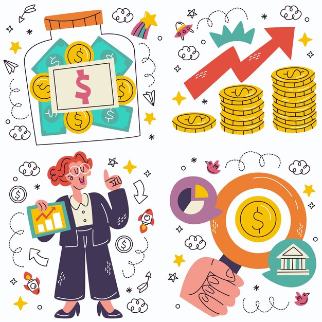 Colección de pegatinas de inversión y finanzas de Doodle