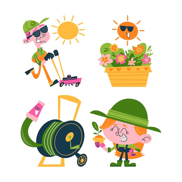 Vector gratuito colección de pegatinas de jardinería de dibujos animados retro