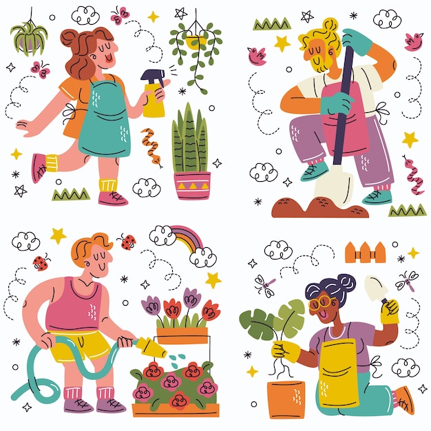 Vector gratuito colección de pegatinas de jardinería de garabatos