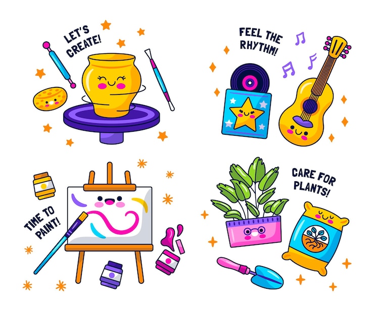 Vector gratuito colección de pegatinas kawaii hobbies
