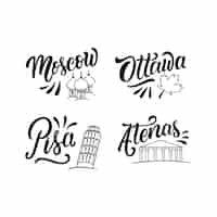 Vector gratuito colección de pegatinas de letras de ciudades