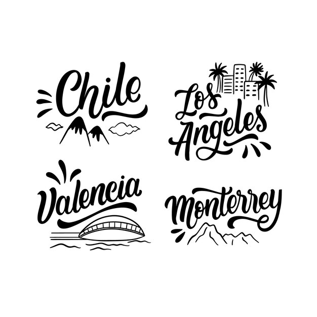 Colección de pegatinas de letras de ciudades