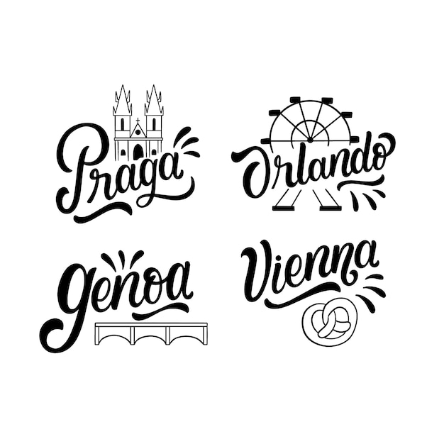 Vector gratuito colección de pegatinas de letras de ciudades