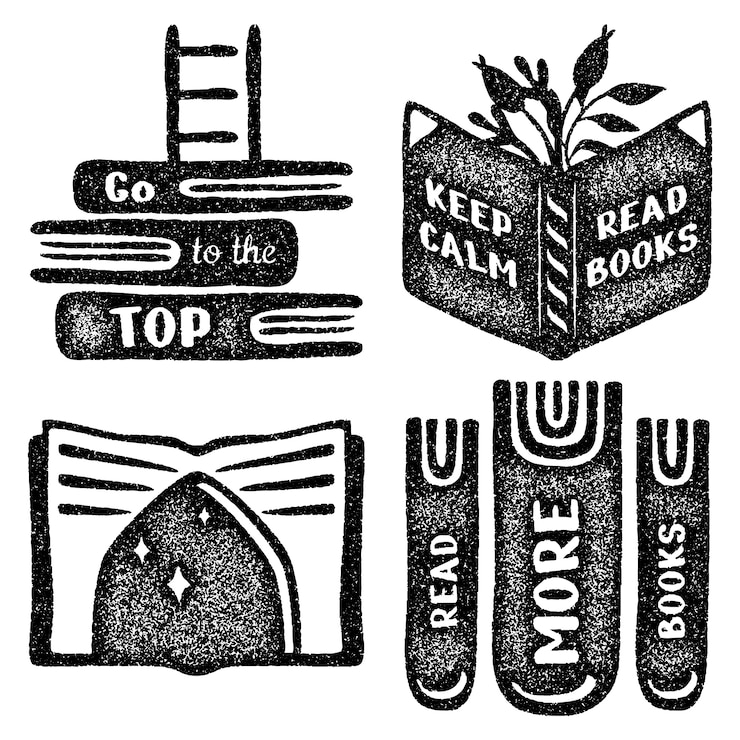 Vector gratuito colección de pegatinas de libros de lectura monocromática