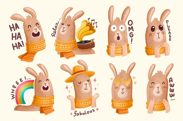 Colección de pegatinas de llama en acuarela
