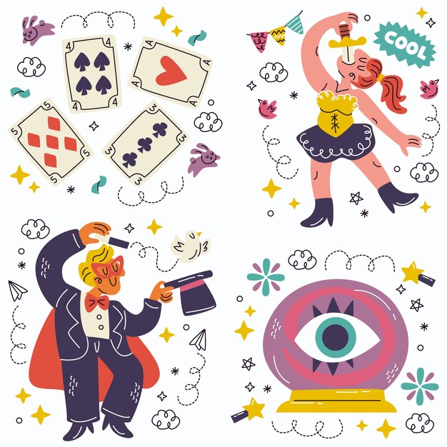 Colección de pegatinas mágicas dibujadas a mano de garabatos