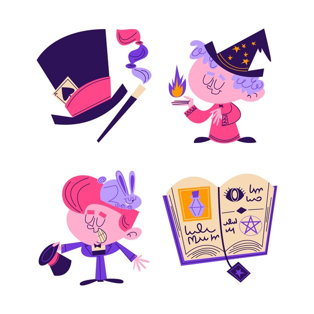 Colección de pegatinas mágicas de dibujos animados retro
