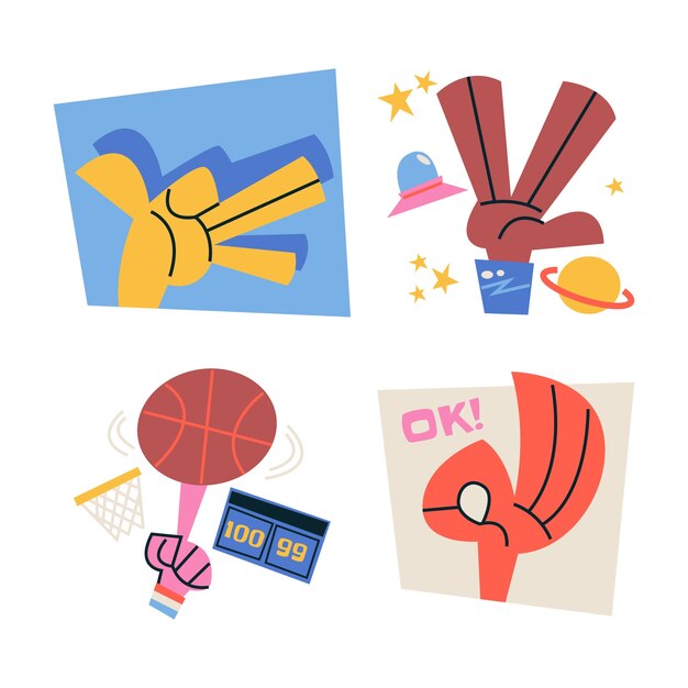 Colección de pegatinas de manos de dibujos animados retro
