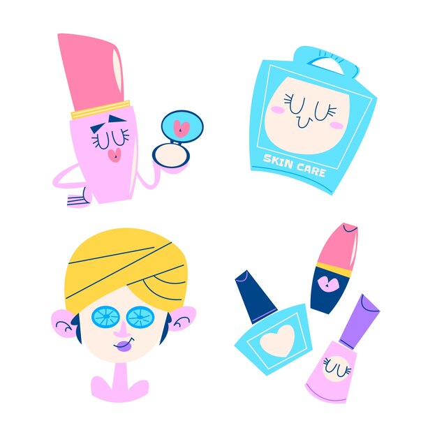 Colección de pegatinas de maquillaje y cosméticos de dibujos animados retro