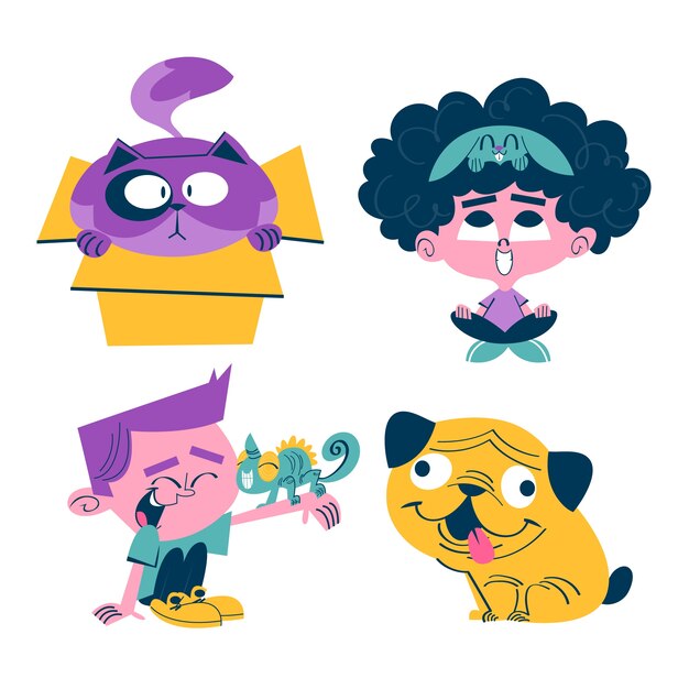 Colección de pegatinas de mascotas de dibujos animados retro