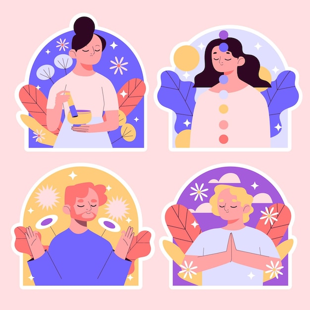 Vector gratuito colección de pegatinas de meditación ingenua