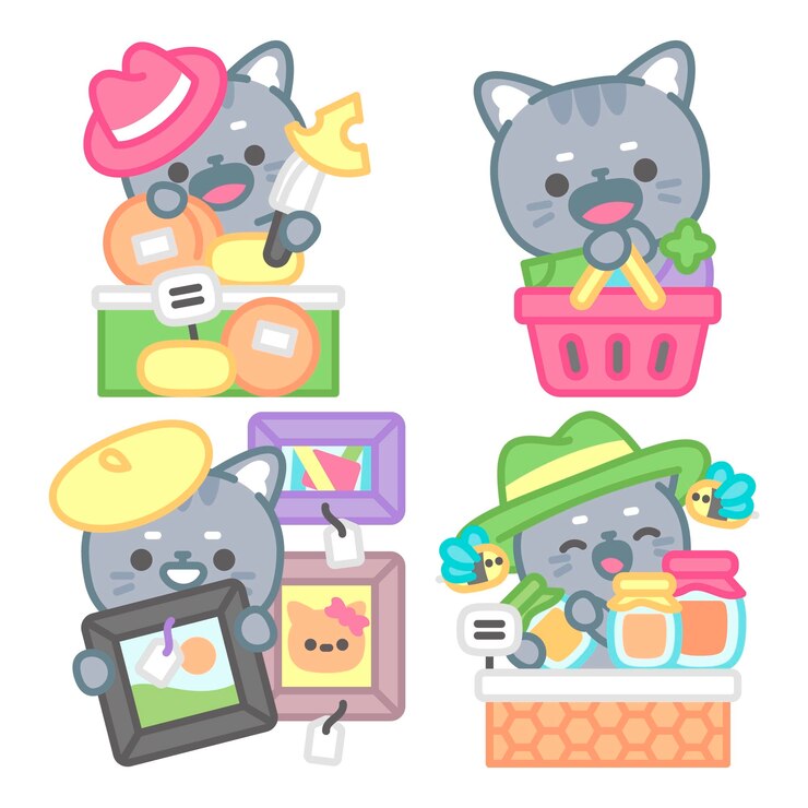 Vector gratuito colección de pegatinas de mercado con el gato tomomi