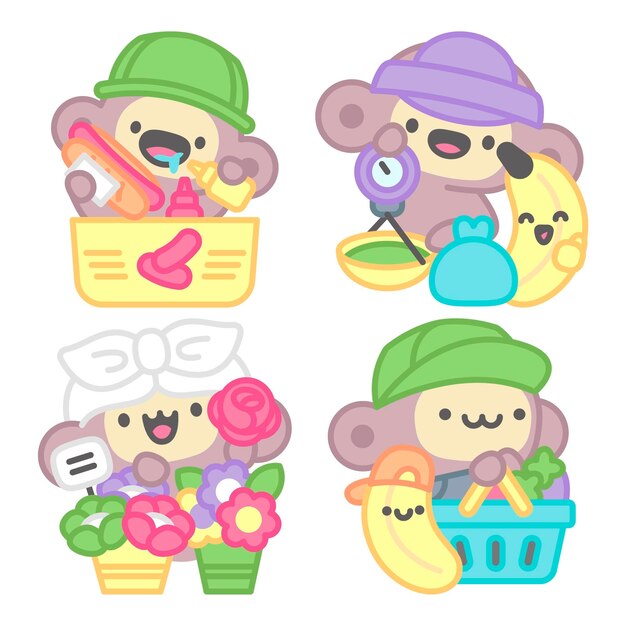 Colección de pegatinas de mercado con mono y plátano