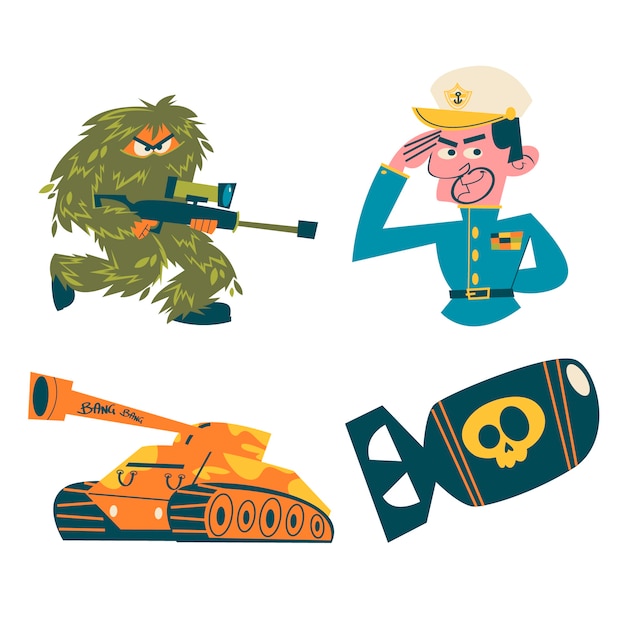 Vector gratuito colección de pegatinas militares de dibujos animados retro