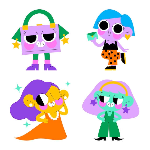 Colección de pegatinas de moda de dibujos animados.