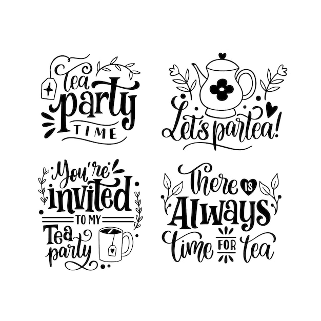 Vector gratuito colección de pegatinas monocromáticas de la fiesta del té