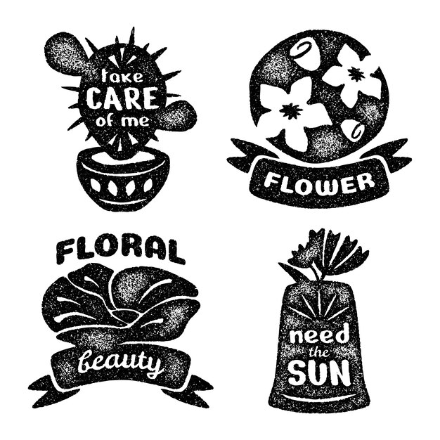 Colección de pegatinas monocromáticas de flores y plantas.