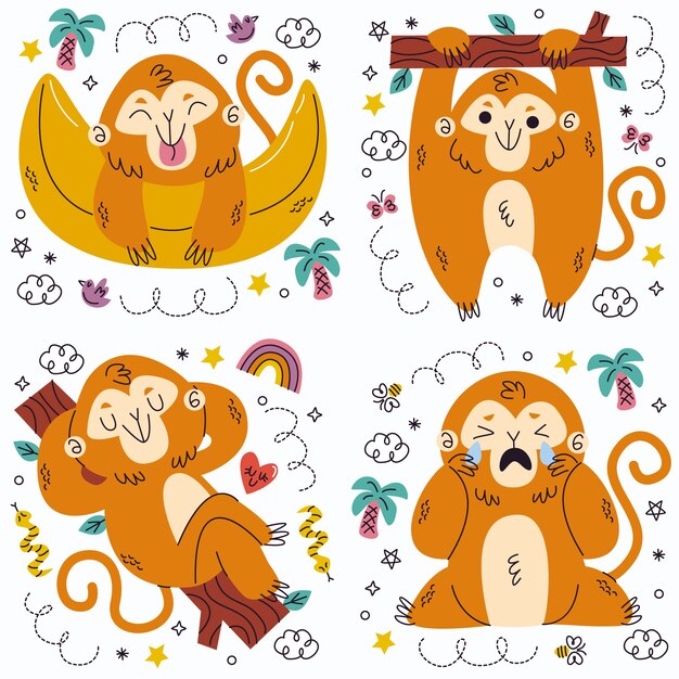Colección de pegatinas de monos dibujados a mano de garabatos