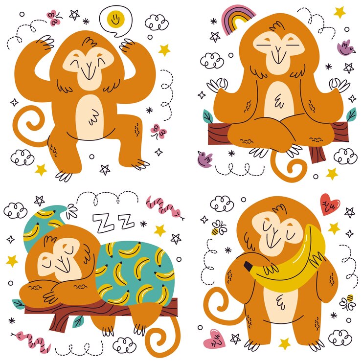 Vector gratuito colección de pegatinas de monos dibujados a mano de garabatos