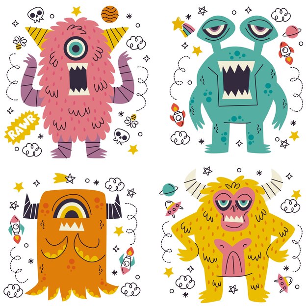 Colección de pegatinas de monstruos dibujados a mano de garabatos