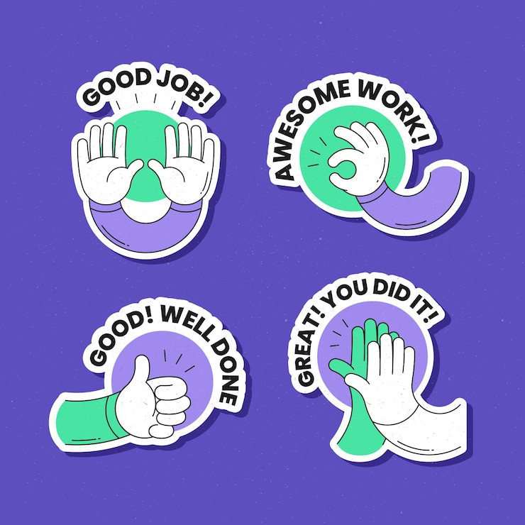 Vector gratuito colección de pegatinas motivacionales de gran trabajo.