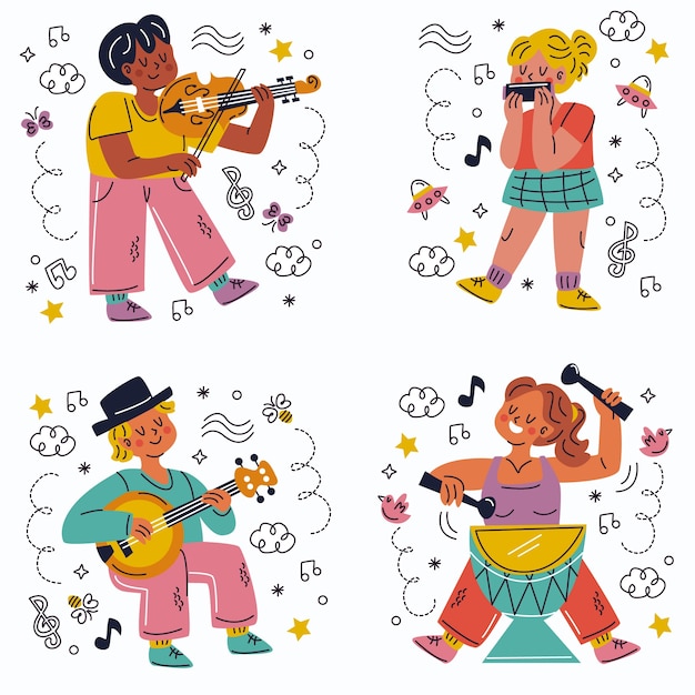 Colección de pegatinas de música dibujadas a mano de garabatos