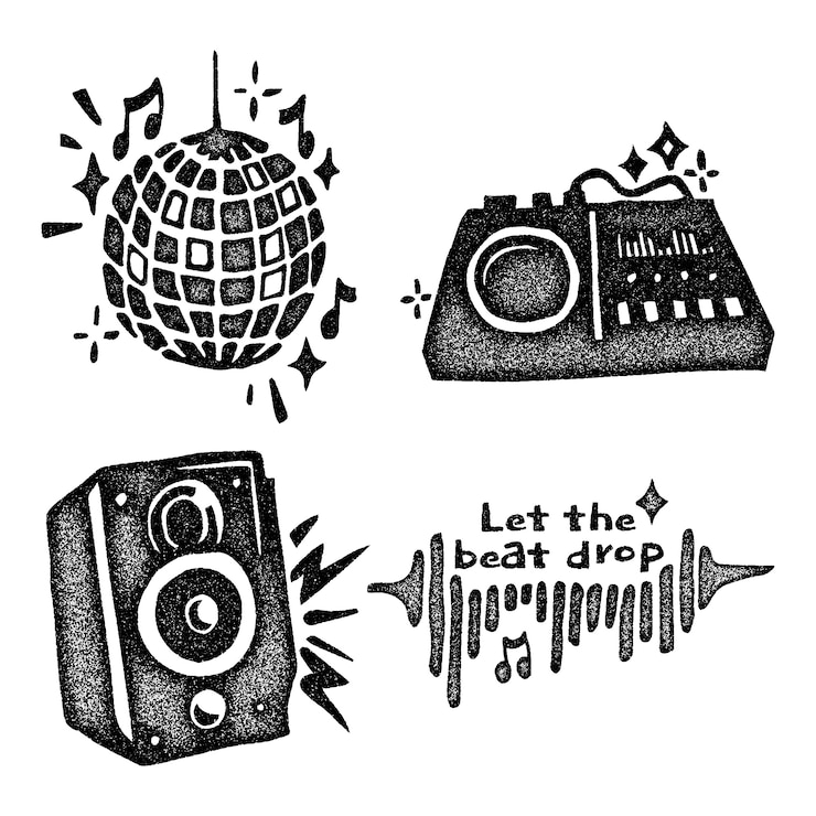 Vector gratuito colección de pegatinas de música monocromática