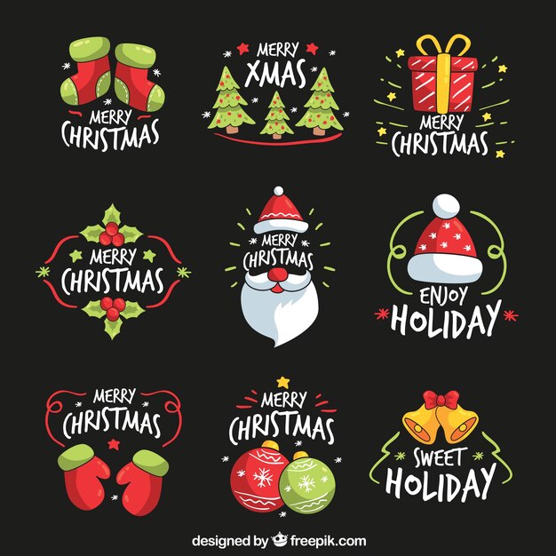 Colección de pegatinas de navidad dibujadas a mano