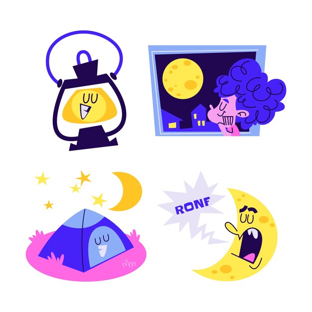 Colección de pegatinas nocturnas de dibujos animados retro