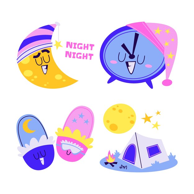 Colección de pegatinas nocturnas de dibujos animados retro