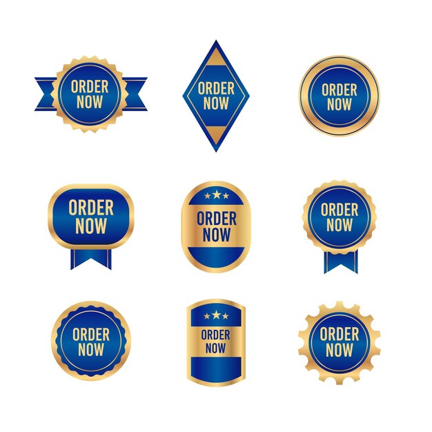 Colección de pegatinas Order Now con tonos azules y dorados