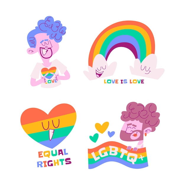 Colección de pegatinas de orgullo lgbt de dibujos animados retro