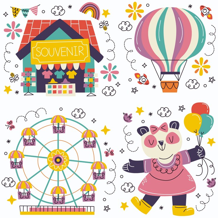 Vector gratuito colección de pegatinas de parque de atracciones de garabatos