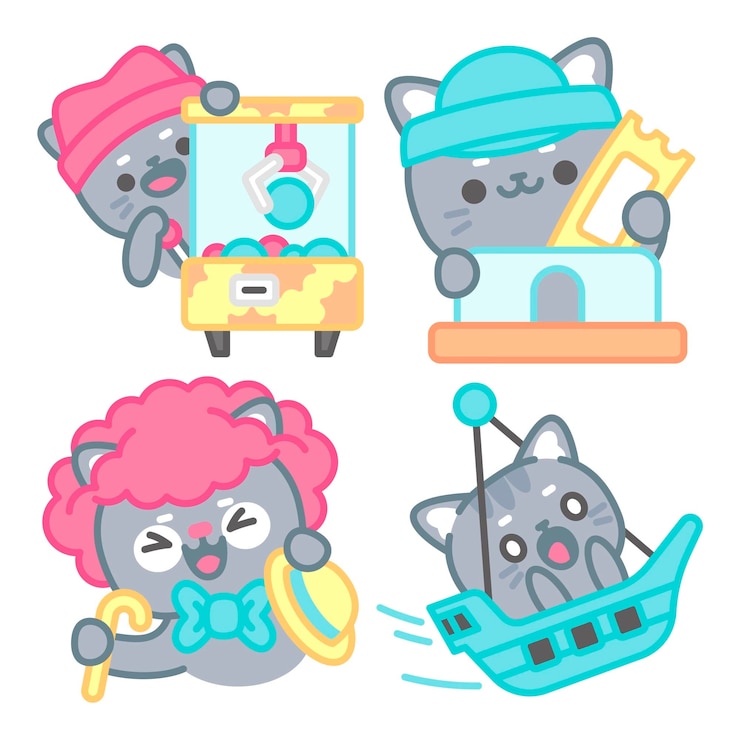 Vector gratuito colección de pegatinas del parque de atracciones con el gato tomomi
