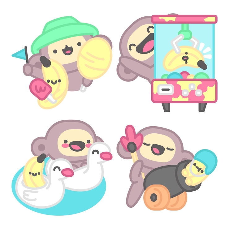Vector gratuito colección de pegatinas de parque de atracciones con mono y plátano