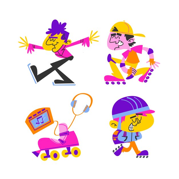Colección de pegatinas de patinaje de dibujos animados retro