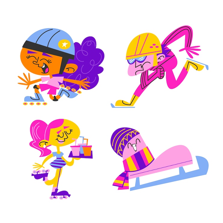 Vector gratuito colección de pegatinas de patinaje de dibujos animados retro
