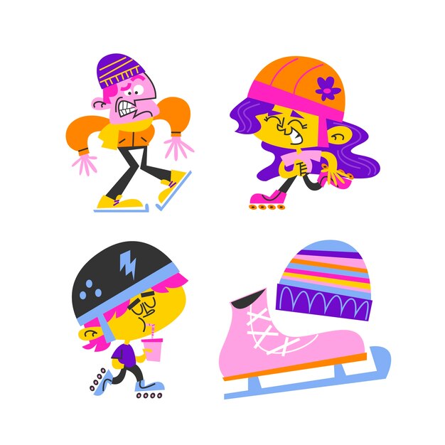 Colección de pegatinas de patinaje de dibujos animados retro