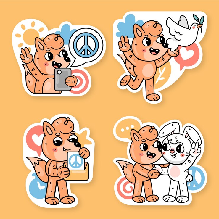 Vector gratuito colección de pegatinas de paz y amor con fred el zorro