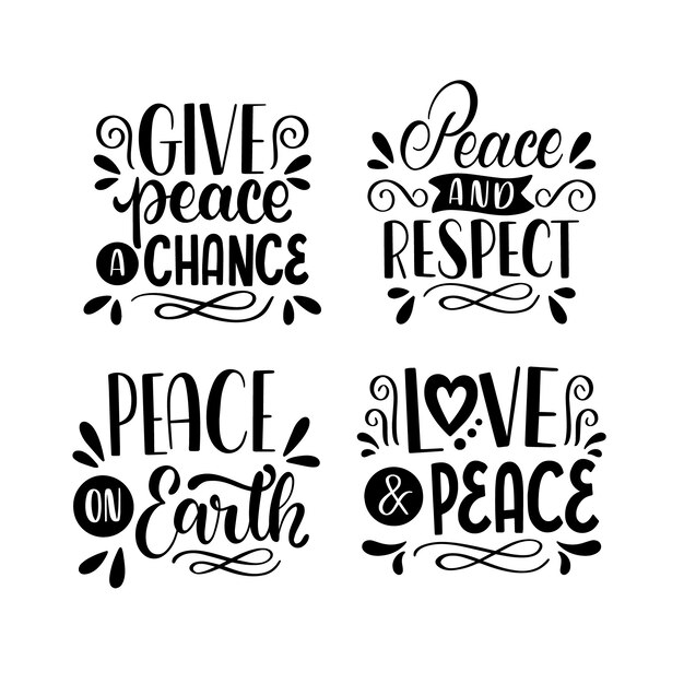 Colección de pegatinas de paz y amor con letras negras